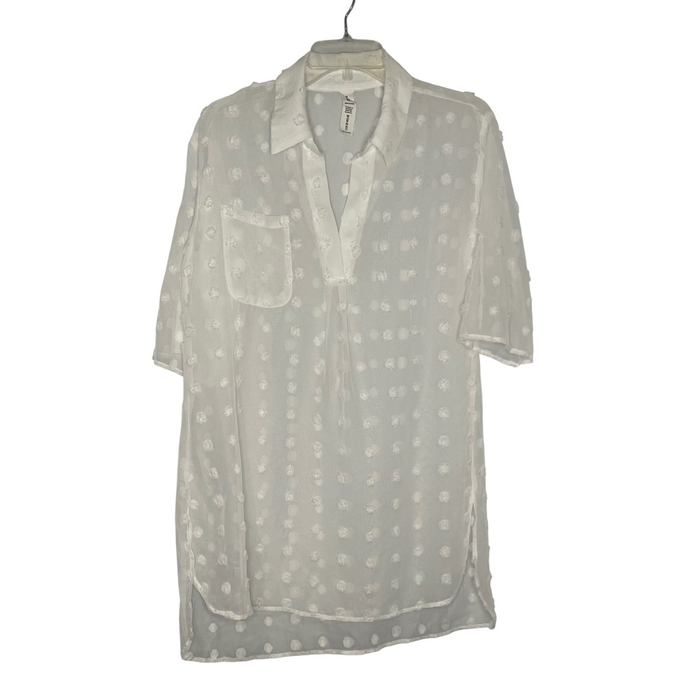 B Women's Medium White Swiss Dot Sheer Dress Short Sleeve V-Neck